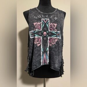 EUC Sullen Angels Grey and Pink Rose Cross with Skull Graphic Tank size medium